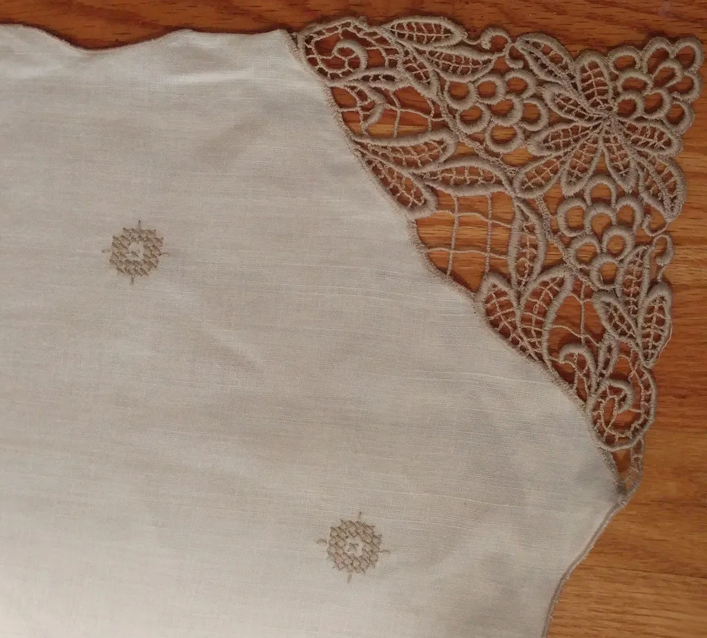 *VINTAGE IVORY LINEN CROSS STITCHED TABLECLOTH WITH HEAVY ECRU LACE