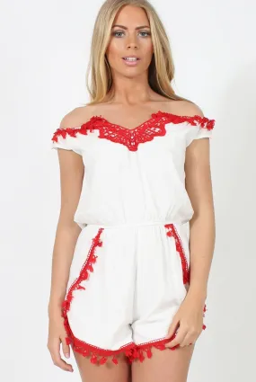 White & Red Crochet V Front Playsuit - Florence